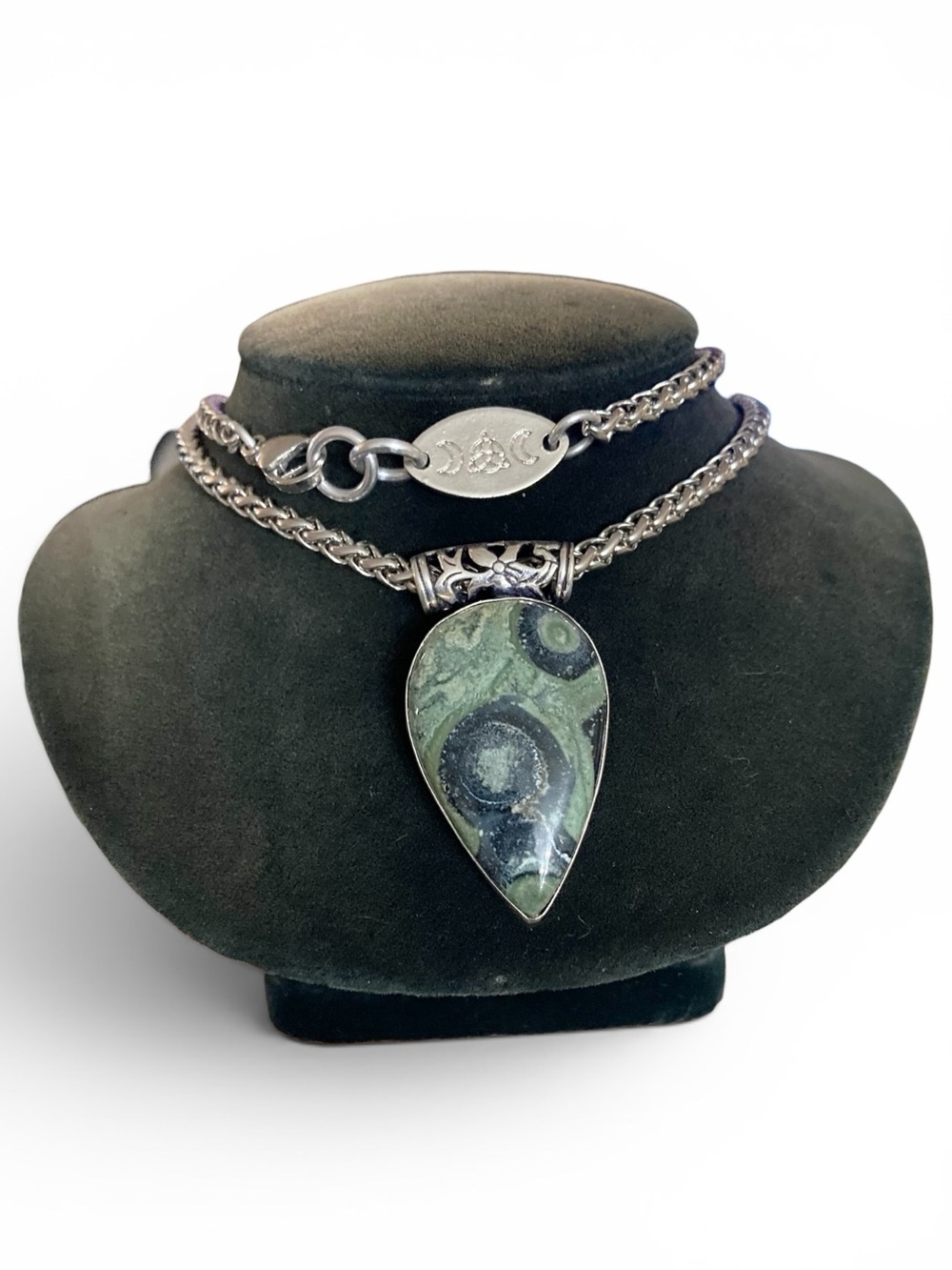 Green kambaba jasper gemstone boho stainless steel wheat chain necklace - Picture 2 of 10